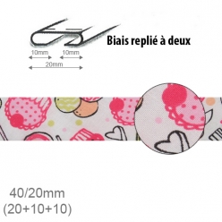 biais fantaisie motif cupcake rose 20mm replie a 2  25m