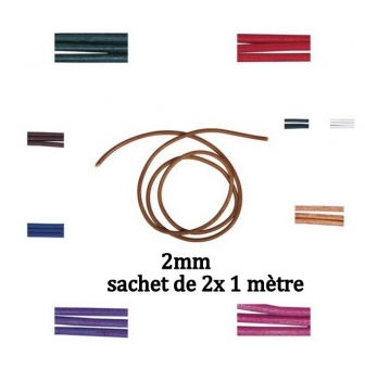 lanieres rondes en cuir de boeuf 2mm o sachet de 2x1m