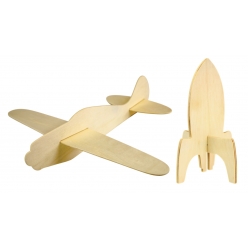 fusee en bois 10 cm et avion en bois 30 cm