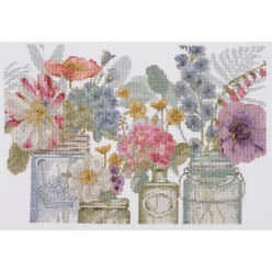 kit point de croix aquarelle fleurs en bocaux
