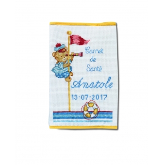 kit a broder au point de croix protege carnet de sante ourson marin