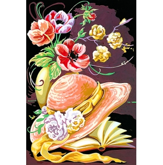 canevas antique le chapeau et le livre fleuri 30x40cm