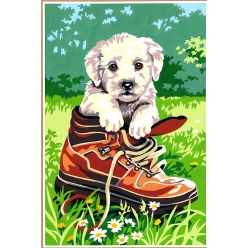 canevas antique petit chien dans chaussure 30x40cm