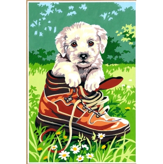 canevas antique petit chien dans chaussure 30x40cm
