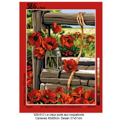 canevas antique le vieux puit aux coquelicots 45x60cm