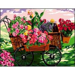 canevas antique fleurs dans la brouette 50x65cm