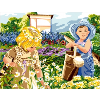 canevas antique une journee au jardin 50x65cm
