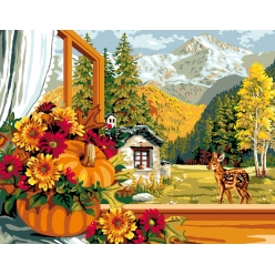 canevas antique l automne a la fenetre 50x65 cm
