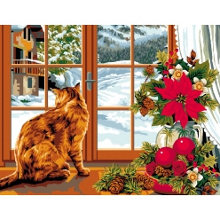 canevas antique l hiver a la fenetre 50x65 cm