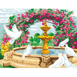 canevas antique la fontaine aux colombes 50x65cm