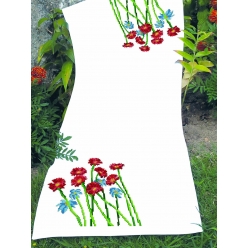 kit chemin de table a broder point de croix fleurs rouges et bleues