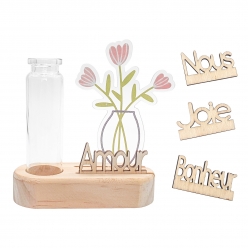 kit socle en bois et vase fiole en verre avec deco