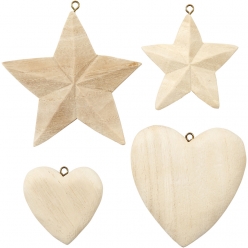 Coeurs et étoiles en bois massif 4 pièces