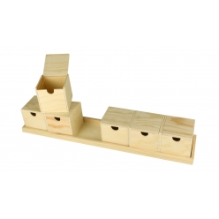 boites en bois x6 avec couvercle sur plateau 508 x 10 cm