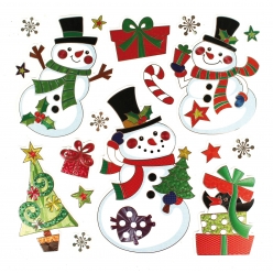 Stickers métallisés bonhomme de neige, cadeaux 1 à 12cm x 18 pcs