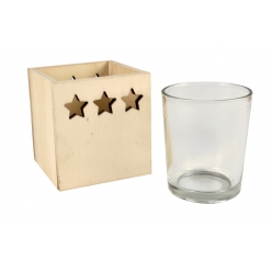 Photophore bois découpe étoile avec verre 7,5 x 7 x 7 cm