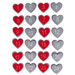 Stickers coeurs numérotés feutrine rouge,gris 4 à 4,5cm x 24 pcs