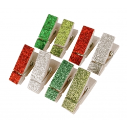 Pinces à linge bois vert,rouge,argent pailleté 3,5 x 1,2 cm x 8 pcs