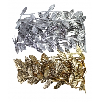 ruban satin feuilles or argent 2 x 1cm