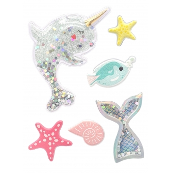 stickers puffy et 3d avec sequins narval et sirene 6 pieces