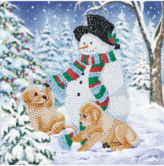 kit carte broderie diamant chiots bonhomme neige 18x18cm